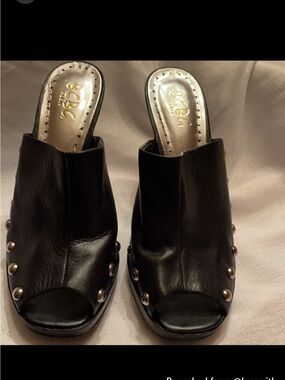 EUC BCBG Paris black leather studded trim peep toe high heel clogs